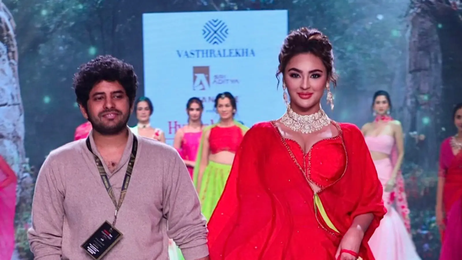 Seerat Kapoor Steals The Show In A Red Ghagra Choli With Parat Printed Designs As The Showstopper For Vashtralekha At Hyderabad Times Fashion Week